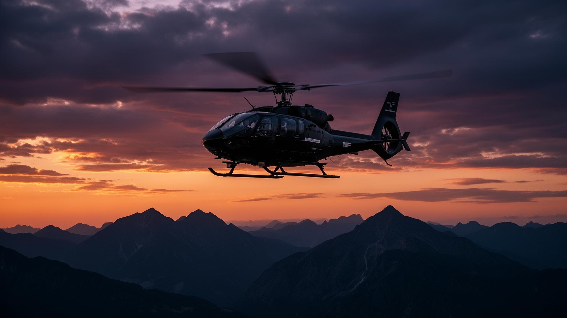 Helicóptero volando al atardecer