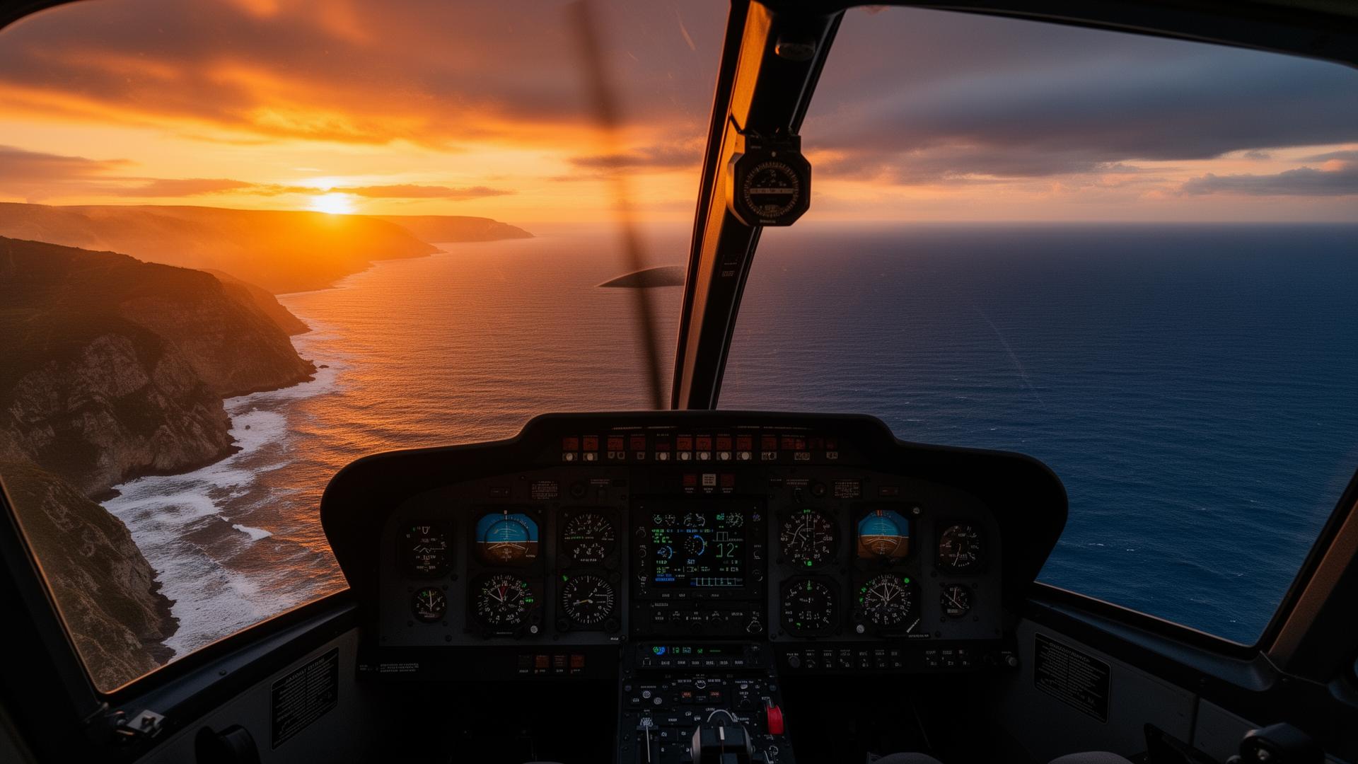 Vista desde el cockpit del helicóptero al atardecer